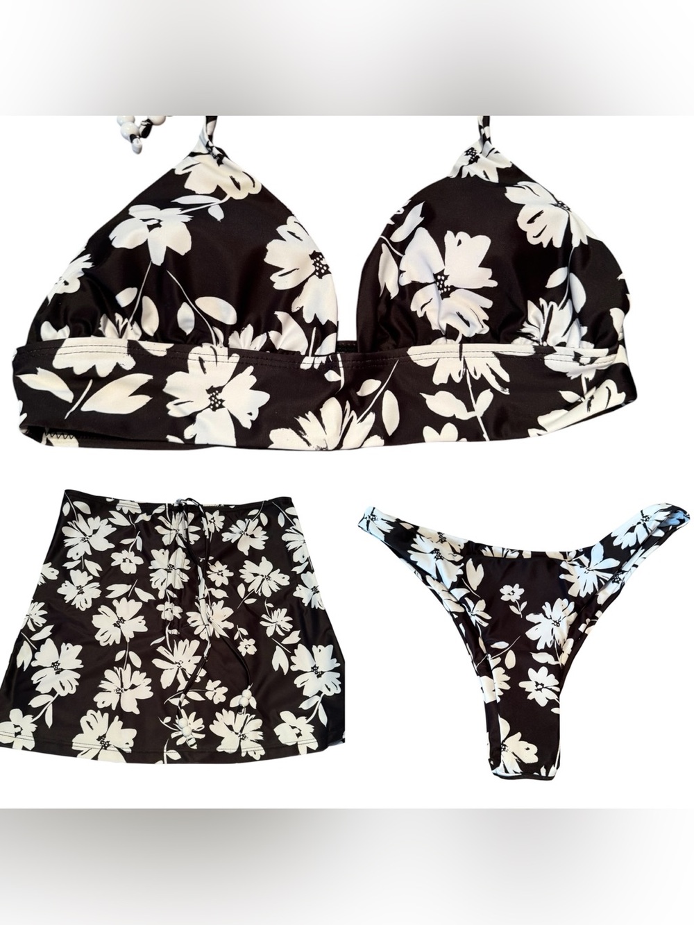 SHEIN Black & White Floral Triangle Bikini Set
